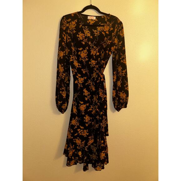 C+D+M Boho Preppy Professional Old Money Black & Gold Floral Wrap Dress - Picture 3 of 14